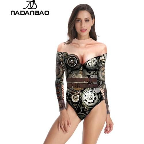 NADANBAO Womens One-Piece Swimsuit Steampunk Printed Casual Swimming Sportswear Summer Beach Bathing Suit Long Sleeve Swimwear