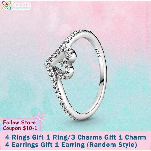 Smuxin 925 Sterling Silver Rings Sparkling Wishbone Heart Ring 925 Silver Women Rings Ngagement Ring Women Jewelry Girl Rings