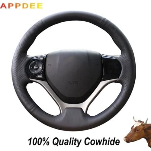 APPDEE Hand-stitched Black Genuine Leather Steering Wheel Cover for Honda CRV 2012 2013 2014
