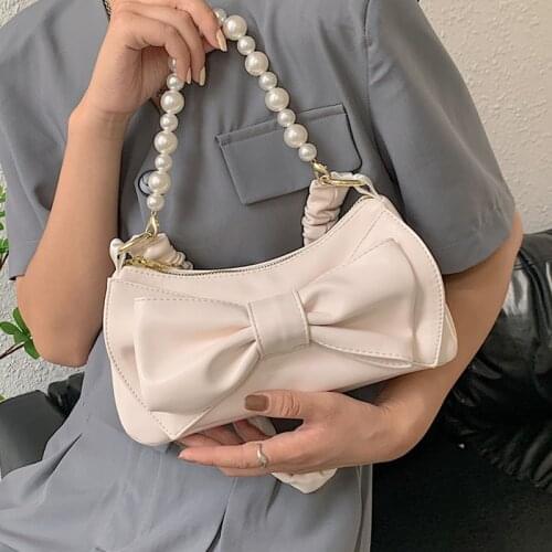 White Bow-knot Shoulder Bags for Women Pu Leather Armpit Bag Chian Crossbody Bag Beading Handle Bag Female Pleated Sling Handbag