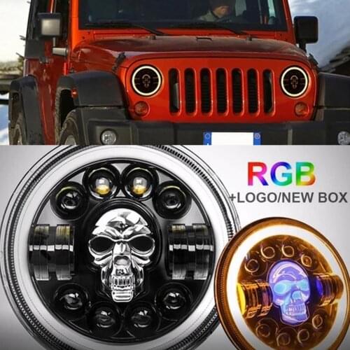 7 Inch Skull LED Headlights DRL Hi/Lo Beam H4 180W Halo Ring Amber Angel Eye For Jeep Niva Motorcycle Lada Offroad IP68 UAZ 12V