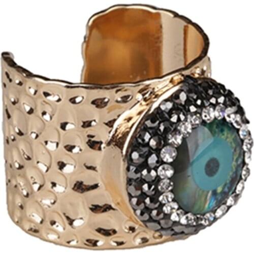 Pattern evil eye charm pave black white rhinestone beads wrapped resizable wide gold open hammered ring cuff for woman man 2020