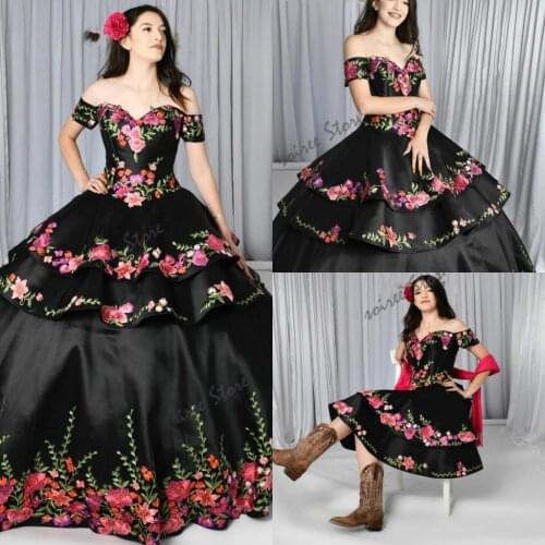 Vintage Black Quinceanera Dresses Charro Detachable Skirt Floral Embroidered Ball Gown Mexican Sweet 16 Dress 2021 Prom Dress