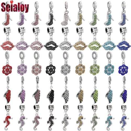 Seialoy 9 Colors Rhinestone Lips & High Heels & Roses & Wings Dangle Seahorse Charm Fit Brands Bracelets & Necklace Accessory