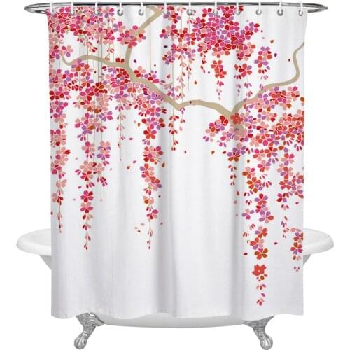 Waterproof Shower Curtains Red Flowers Leaves Branch Plant Shower Curtain Frabic Polyester Bathroom decor Curtain
