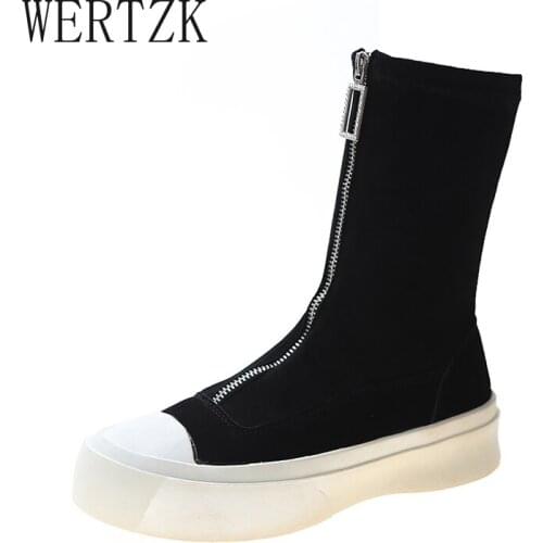 Shoes Boots Women New 2021 Zipper Round Toe Flat Heel Booties Ladies Rock Mid Calf Autumn Med Rubber Lolita Mid-Calf