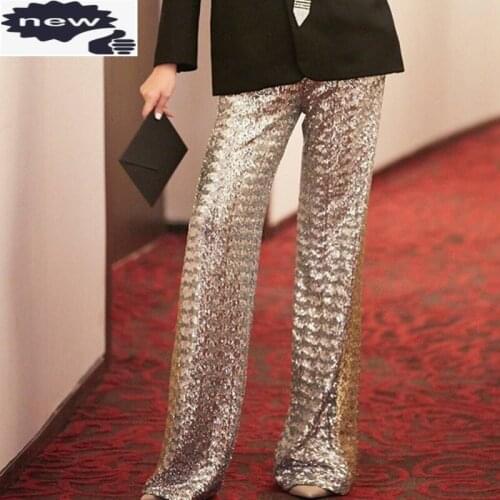 Runway Women Sequined Long Loose Fit Glitter Shiny High Street Casual Wide Leg Pants Lady Fashion Party Paillette Trousers