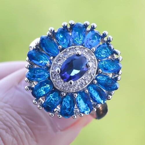 2020 Luxury Blue Crystal Stone Rings for Women New Design Flower Wedding Silver Color Ring Ladies Accessories Ring Dropshipping