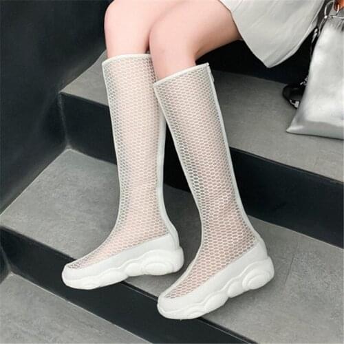 PXELENA Punk Thick Platform Flat Women Mesh Knee High Boots Breathable Summer Gladiator Sandals Zip Black White Gothic Shoes 45