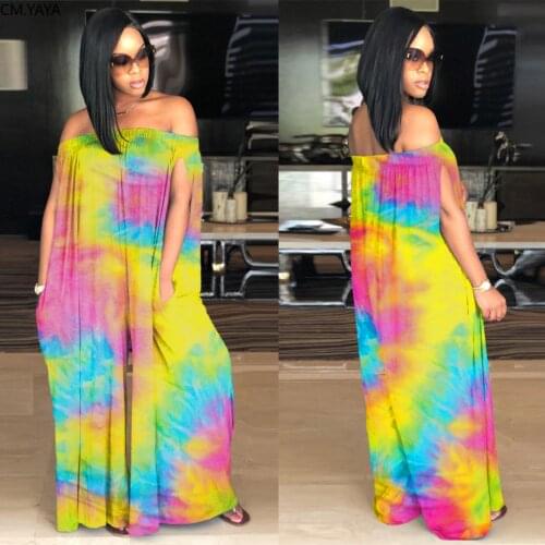 CM.YAYA Tie Dye Galaxy Print Off Shoulder Beach Sexy Loose Straight Women Jumpsuits Rompers Elegant One Piece Outfits Playsuit