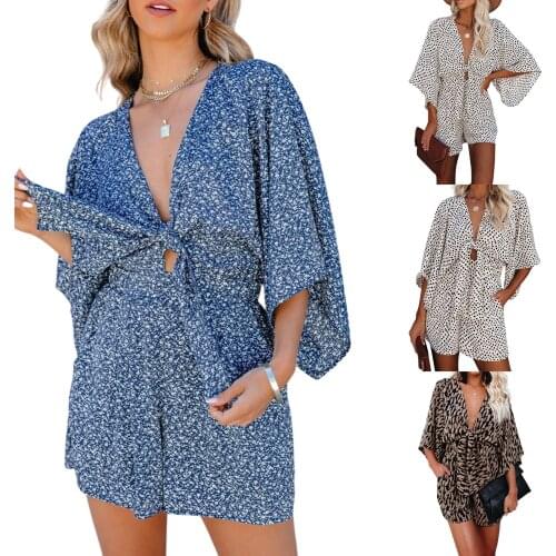 Women Loose Short Jumpsuit Bohemian Style Oversize Printed Pattern Deep V-neck Batwing Sleeves S/ M/ L/ XL