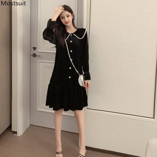 Spring Autumn Women Vintage Velvet Dress Plus Size Long Sleeve Turn Down Collar Beading Elegant Dresses Korean 2021 Vestidos