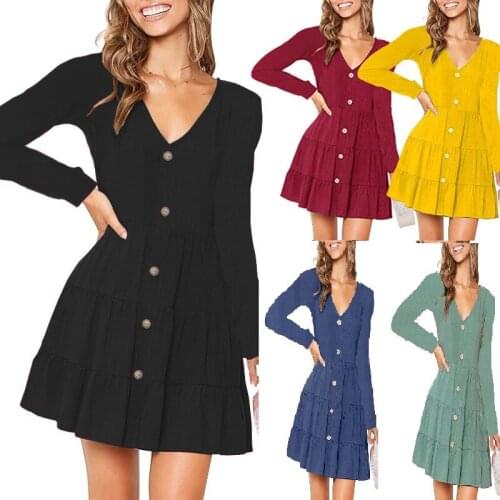 Women Solid Color A-Line Dress Shrinkage Design Single-Breasted Decor V-Neck Long Sleeve Mid Waist Spring Autumn Slim Mini Dress