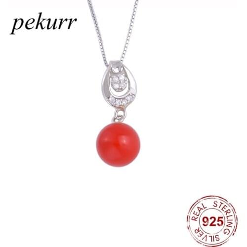 Pekurr 925 Sterling Silver Zircon Round Waterdrop Red Shell Pearl Necklaces For Women Round Pearl Pendants Fashion Jewelry Gift