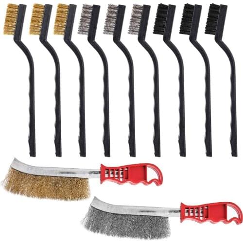 11 brushes (stainless steel, brass and nylon), curved handle masonry wire brush for cleaning welding slag and rust