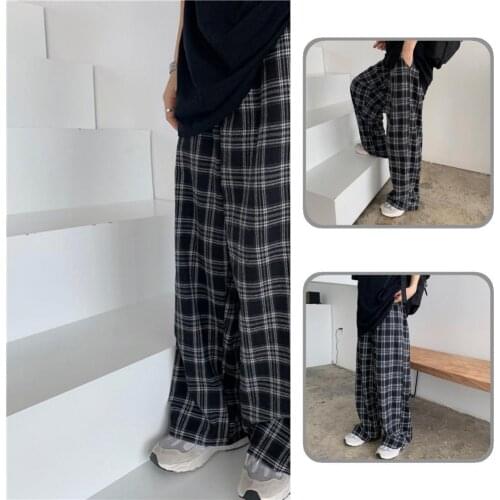 Trousers Casual Plaid Wide Leg Pants Summer Loose Pants Elastic Waist for Office