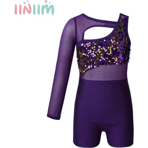 Iiniim Kids Dancewear Girls One Mesh Sleeved Shiny Sequins Cutout Ballet Dance Costume Gymnastics Leotard Jumpsuit Unitards