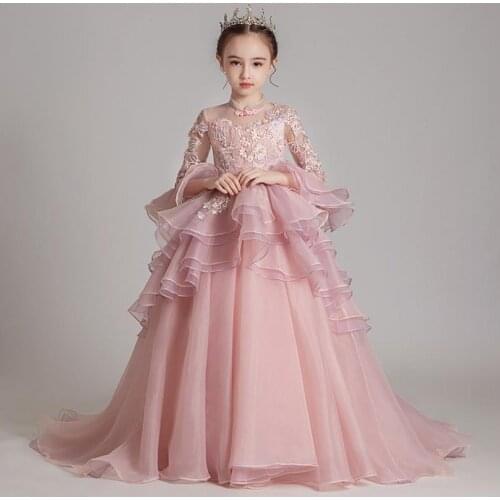 Children Girls Sweet Pink Color Dress Florals Wedding Birthday Party Lace Mesh Princess Dress Kids Elegant Piano Host Dress L21
