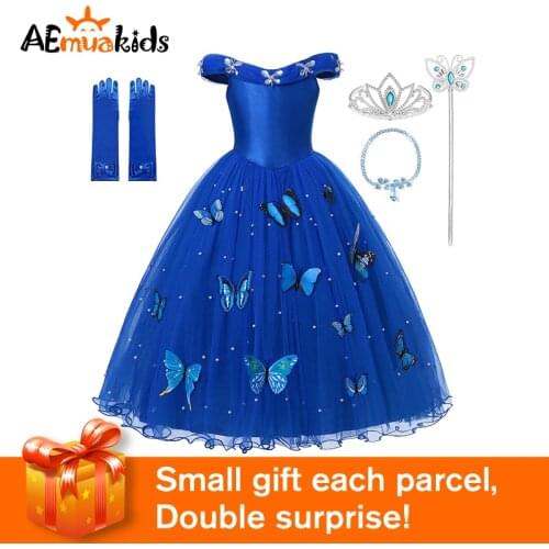 Girls Princess Cinderella Dress Up Kids Fluffy Bead Birthday Party Christmas Costume Kids Butterflies Sleeveless Dress