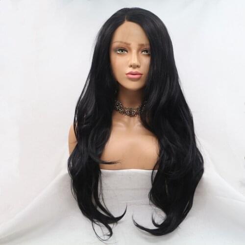 Long Wavy Lace Front Wig For Women Natural Looking Heat Resistant Black Synthetic Hair Wigs 24Inch
