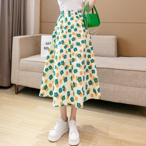 Retro Elegant Print Skirt Women Summer Big Swing A-line Skirts Womens High Waist Casual Umbrella Skirt Women