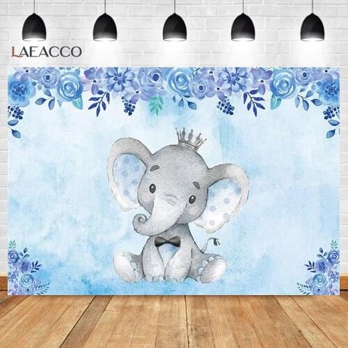 Photography Backdrop Blue Flowers Watercolor Elephant My First Communication Baby Shower Baptism Party Banner Photo Background