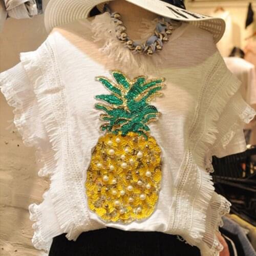 Summer Pineapple Beaded Sequins Short-sleeved T-shirt Womens Fashion Casual Korean T-shirt Loose Cotton Tees Large Size WA228
