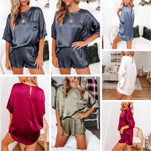 Ladies Women Shorts Sets Solid Satin Pajamas Housewear Two Piece Suit Short Sleeve Shorts Irregular Pajama Set