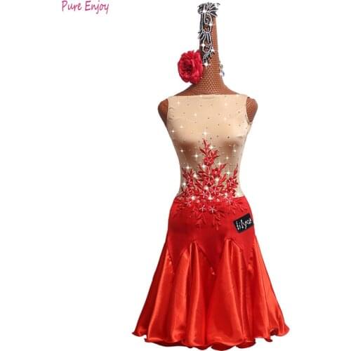Latin Dance Competition Dress Adult Customize Children Costumes Embroidered red Fishbone Skirt Latin Dress