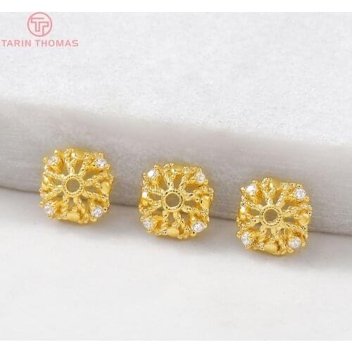 6PCS 7MM Hole 1MM 24K Gold Color Brass with Zircon Bead Caps for DIY High Quality Diy Jewelry Accessories