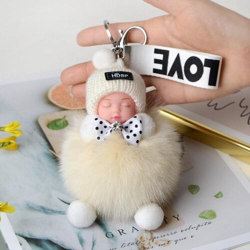 Cute Sleep Baby Pompom Keychain Real Fox Fur Pendant For Women Bag Car Key Ring Phone Fine Jewelry Accessories Kids Girl Gift