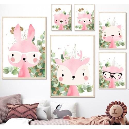 Cute Rabbit Bear Deer Fox Raccoon Bunny Wall Art Canvas Painting Nordic Posters And Prints Wall Pictures Kids Room Kawaii Decor