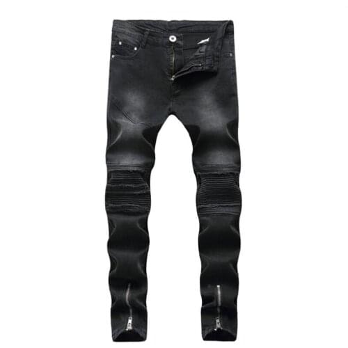 2019 Men Black Skinny Jeans Pleated Denim Jeans New Fashion Men Slim Stretch Jean Pants Men Trousers Zipper Long Jeans