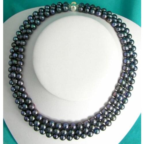 Handmade 3 Row 18" Black Round 7-8mm Cultured Freshwater Pearl Necklace Choker