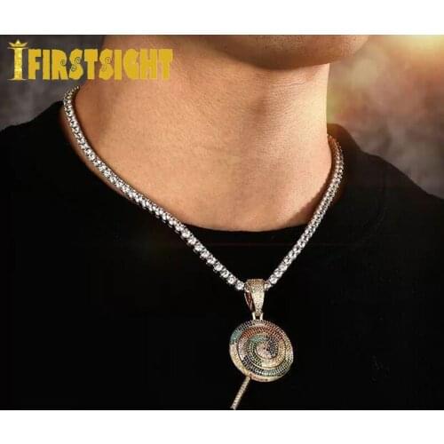 Hip Hop Bling Multicolor Lollipop Pendant Necklace Iced Out Bling 5A Cubic Zircon Tennis Chain Necklace For Women Men Jewelry