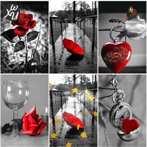 Landscape Diamond Painting Kits for Adults Black Red Art Cross Stitch Diamond Mosaic Red Rose Diamond Painting Accessories Decor