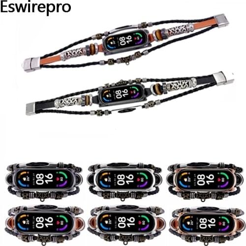 2021 Retro Strap For Mi Band 3 4 5 6 WristBand Strap Watch Leather Strap Replacement Beading Bracelet Ремешок На Mi Band3 4 5 6