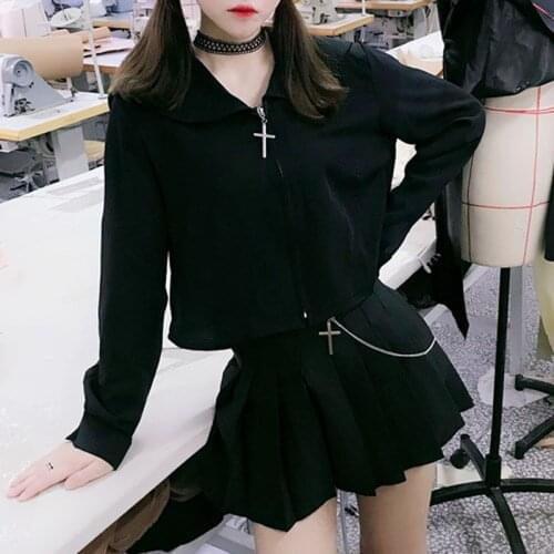 Harajuku Shirts Womne Sailor Collar Shirt Short Tops Cross Zipper Ulzzang Punk Gothic Tee Tumblr Streetwear Black Tops Summer