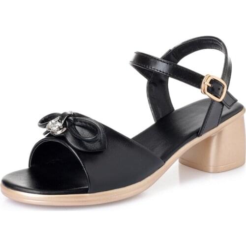 2021 New Summer Open Toe Genuine Leather Sandals Women Exquisite Bow Fashion Sandals Thick Heel Comfort Big Size Womans Sandals