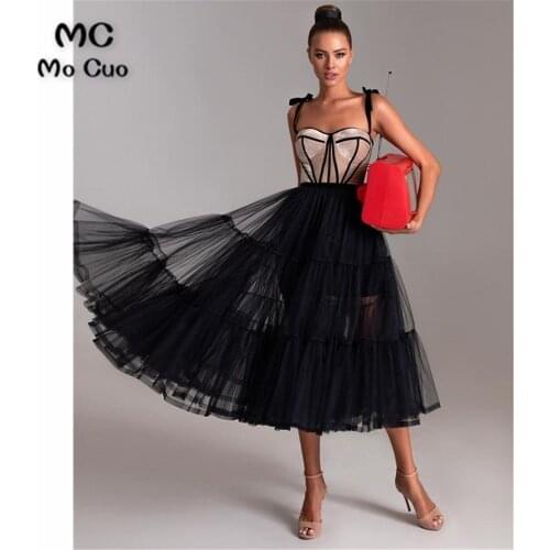 A-Line 2021 Black Prom Evening Dresses for Teens Tea Length Spaghetti Straps Tulle Womens Evening Gown