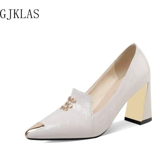 Autumn Dress Wedding Shoes Woman High Heels Womens Pumps Patent Leather Shoe Thick Heel Fashion Pointed Toe Black Beige New
