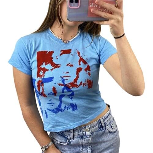 Women Summer Hot Sale Short Sleeve T-shirt Fashion Portrait Printing Slim Fit Exposed Navel Tops, Pink/Blue/Red, S/M/L