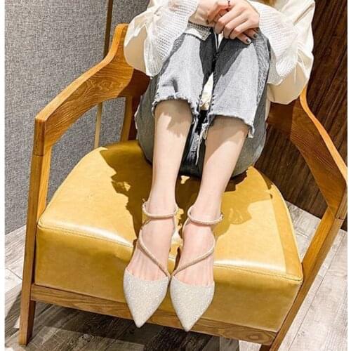 Thick-heeled Pointed High Heels Womens Summer 2021 One-line Buckle Mid-heel Matching Skirt Rhinestone Toe Cap Women Sandals