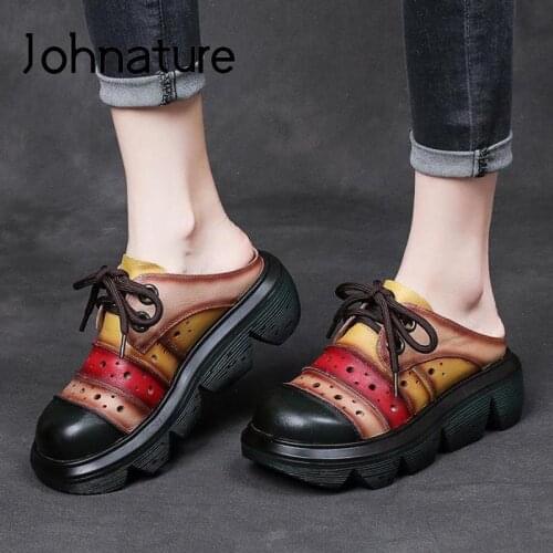 Johnature Genuine Leather Shoes Women Slippers Mixed Colors 2021 New Summer Outside Slides Retro Handmade Concise Ladies Slipper