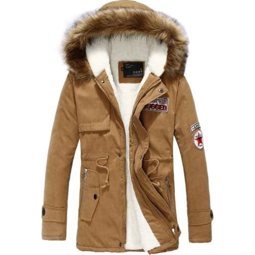 Winter Faux Fur Mens Thicken Parka Casual Outerwear Trim Hooded Patch Detail Fleece Coat Male Autumn Overcoat Wadded Jackets