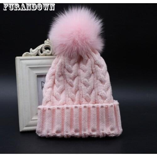 2017 Winter Luxury Brand Fox Fur Hat For Women Fur Pompom Beanie Hats Wool Knitted Twist Female Cap Skullies