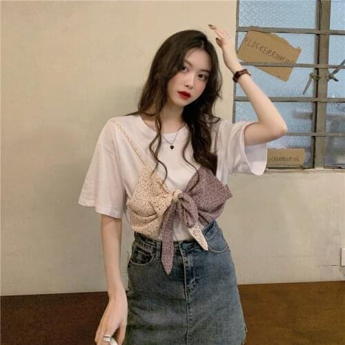 3 Sizes M L Xl Bow Patckwork Solid Simple Fashion Short Sleeve 2021 Summer New Korean Fashion Women Top T-shirts
