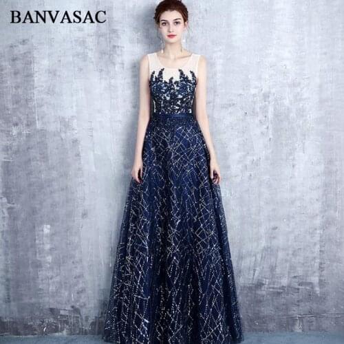 BANVASAC 2018 Crystal Scoop Neck A Line Sequined Appliques Long Evening Dresses Party Lace Sash Backless Prom Gowns
