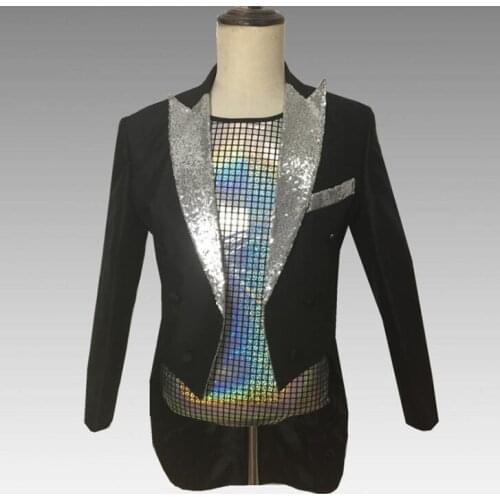 Black sequins blazer men suits designs jacket mens stage costumes singers clothes dance star style dress punk masculino homme