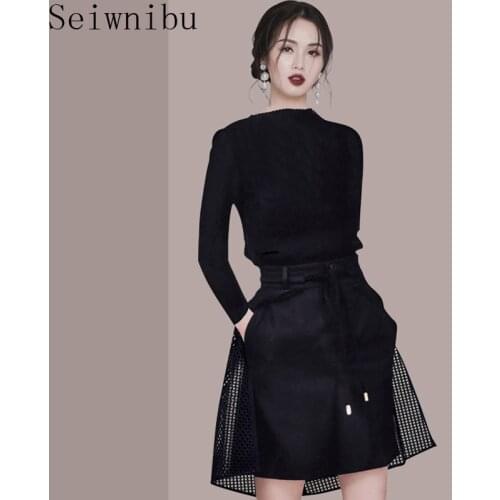Ladies Long Sleeve Brief Top High Waist Hollow Out Skirt Casual Black Two Piece Party Mini Dress